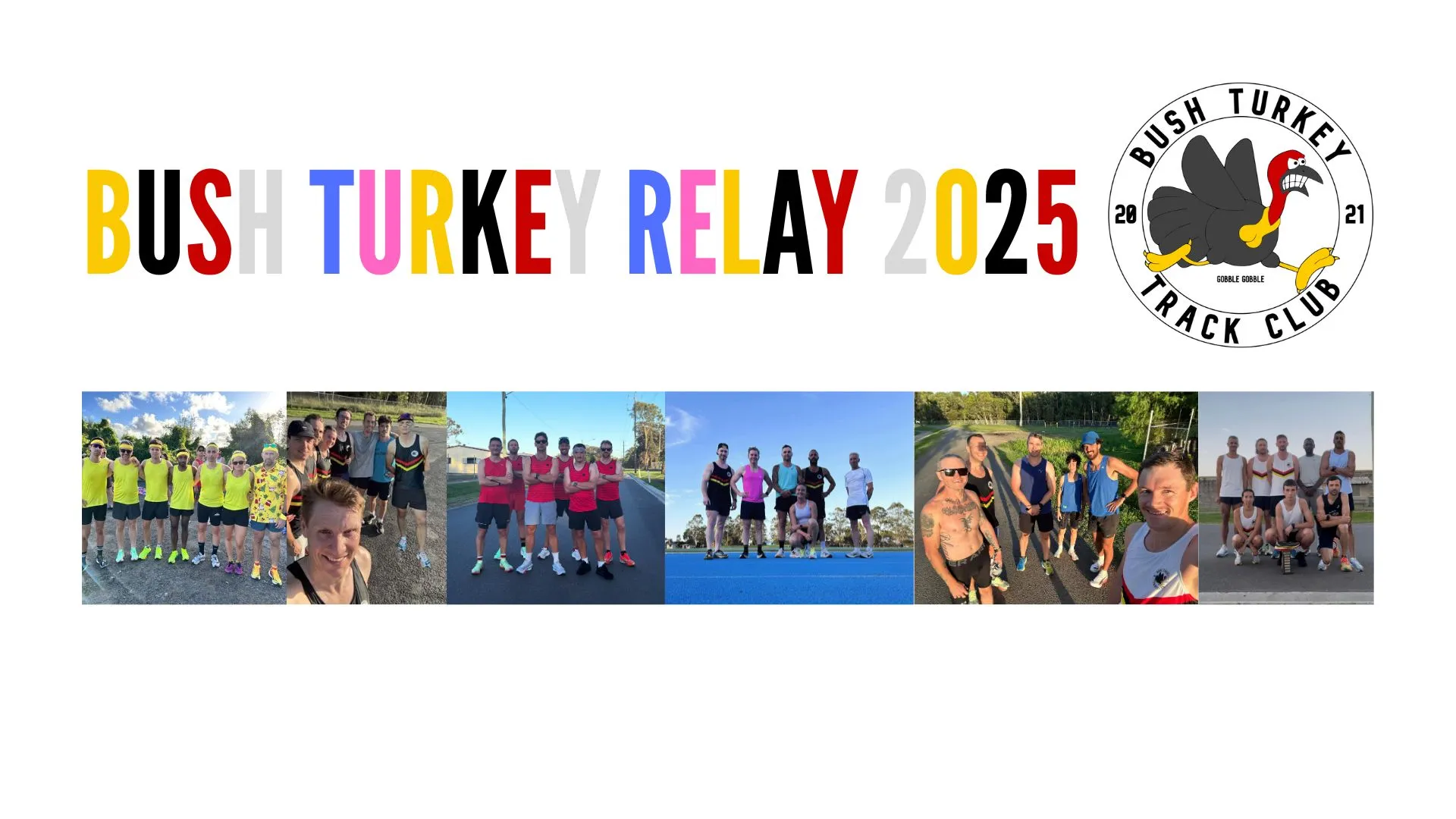 Bush Turkey Relay 2025 poster with photos of club relay teams