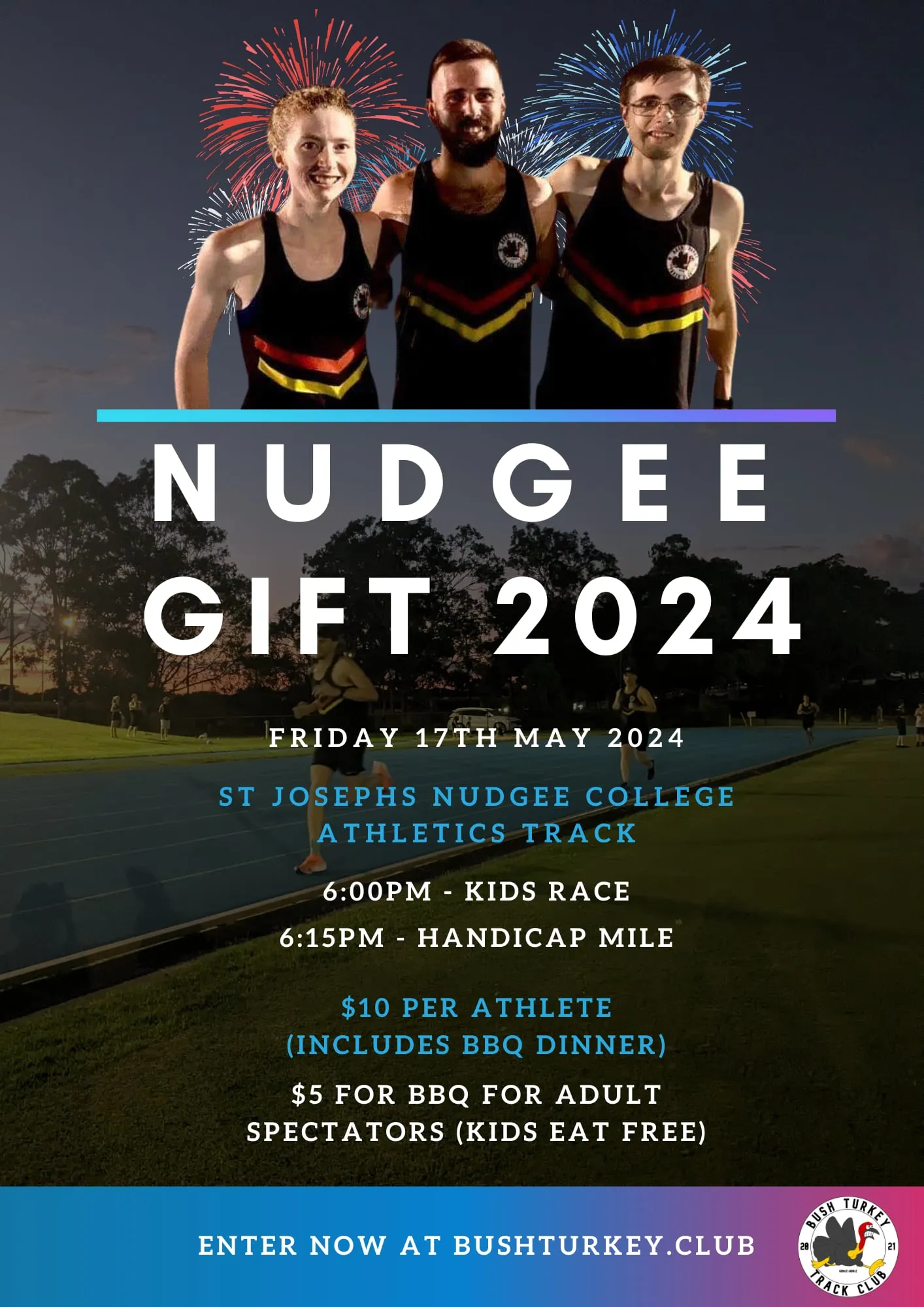 Nudgee Gift 2024 poster with three club runners under fireworks, Friday 17 May 2024