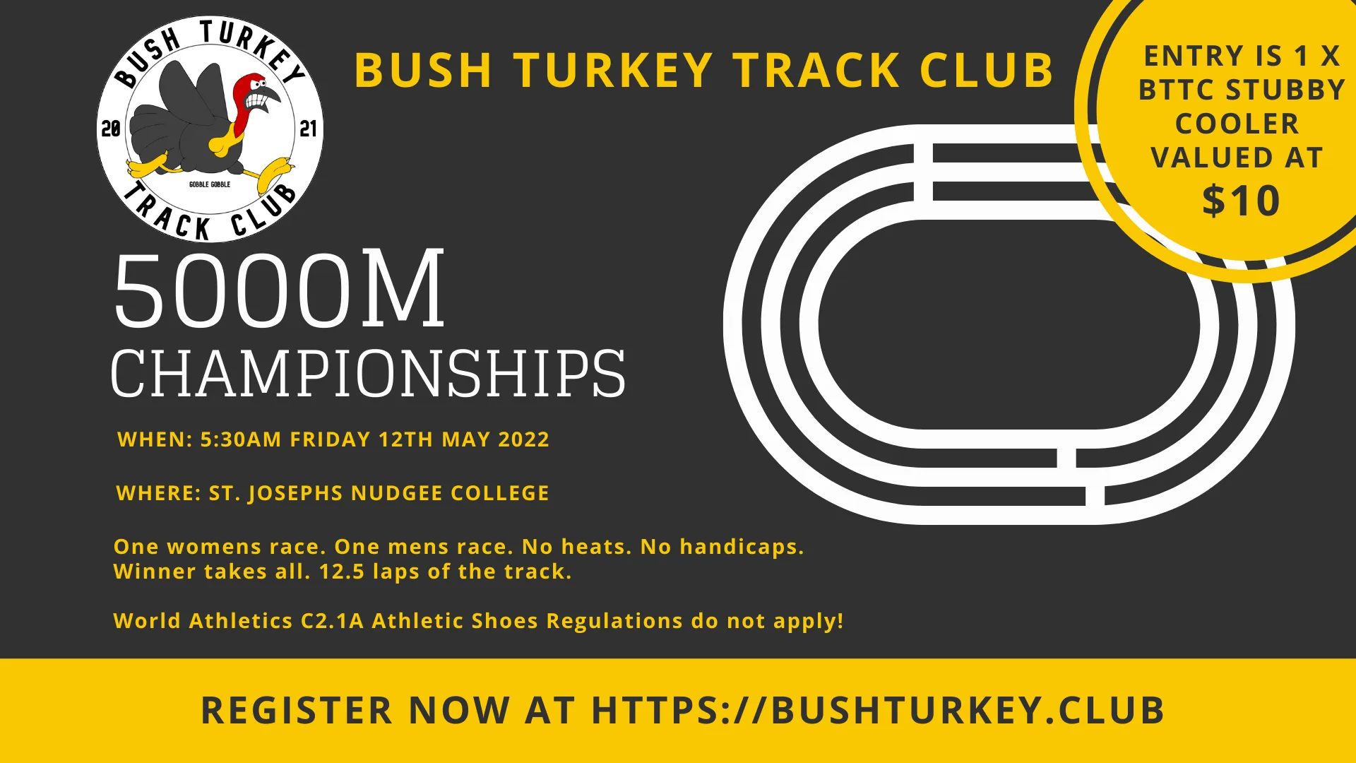 Bush Turkey Track Club 5000m Championships poster with a running track graphic